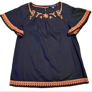Tommy Hillfiger Dark Blue/Orange Embroidered Flutter-Sleeve TopㅣWomen’s XSㅣUsed